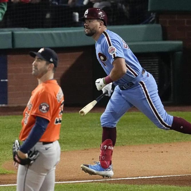 Phillies' Kyle Scharber after home run in first inning of Game 5 in 2022 WS